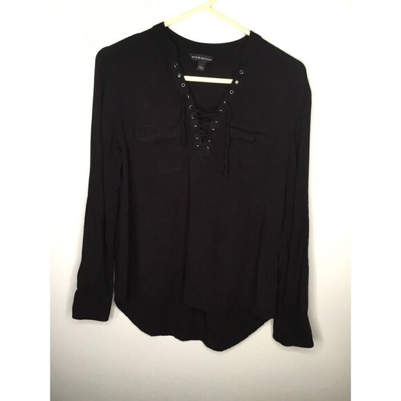 Rock and Republic Women’s Size S‎ Small Shirt Black/Navy Tie Up Long Sleeve  Top - Picture 1 of 7